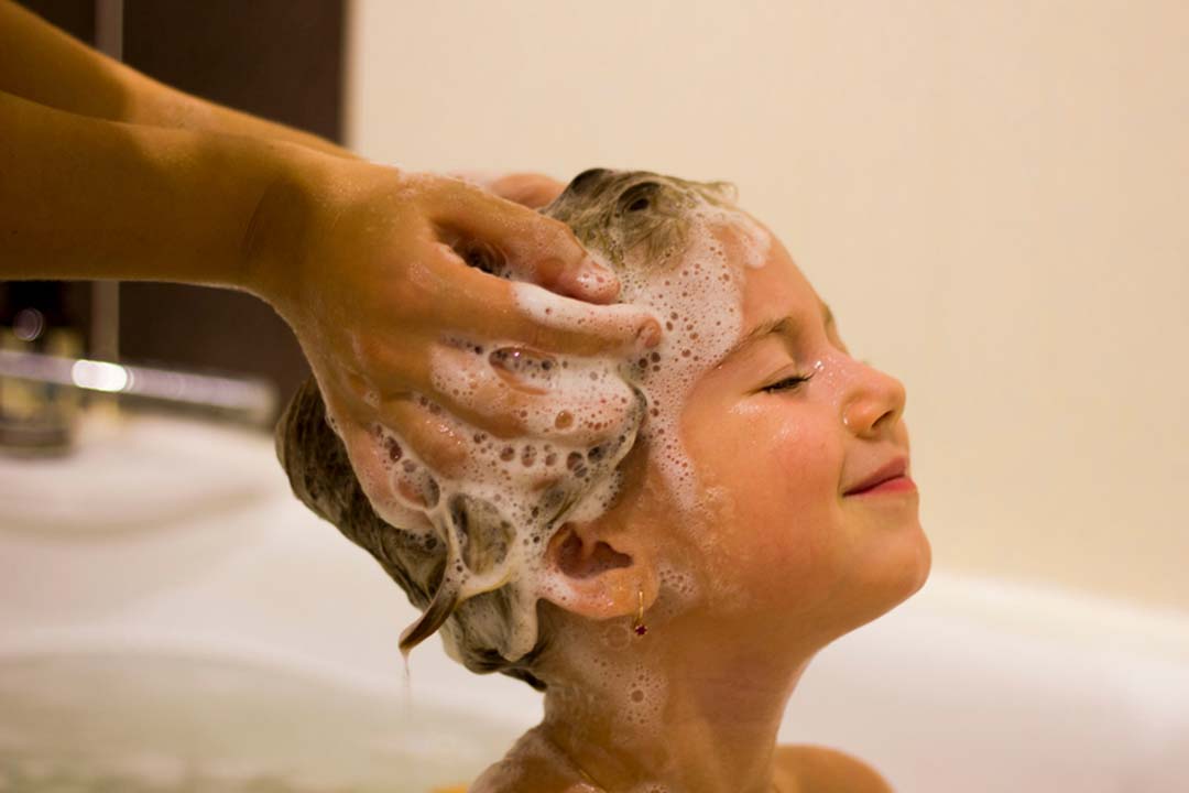 Image of a person using a hair care and anti-lice shampoo treatment for deep conditioning.